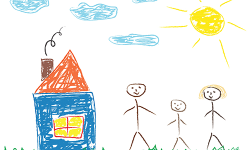 Børnetegning af hus og familie. Foto: Colourbox